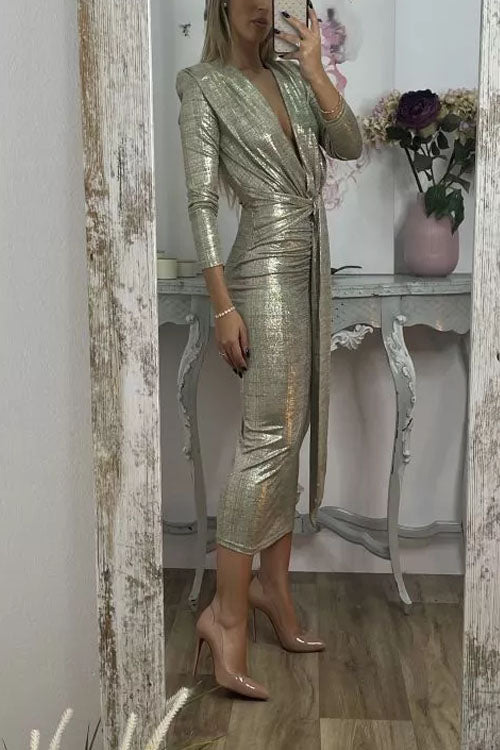 Shiny Lady Metallic Fabric Padded Long Sleeve Tie-up Ruched Midi Dress (Buy 2 Free Shipping)