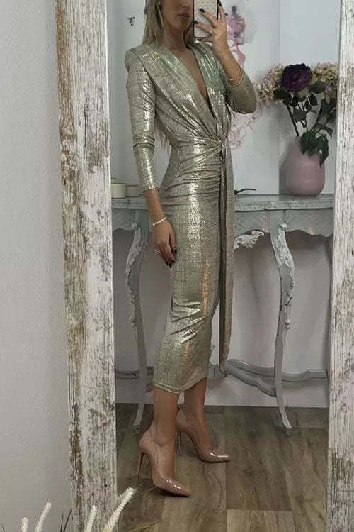 Shiny Lady Metallic Fabric Padded Long Sleeve Tie-up Ruched Midi Dress (Buy 2 Free Shipping)