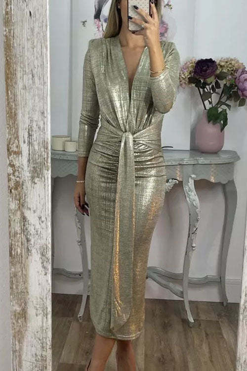 Shiny Lady Metallic Fabric Padded Long Sleeve Tie-up Ruched Midi Dress (Buy 2 Free Shipping)