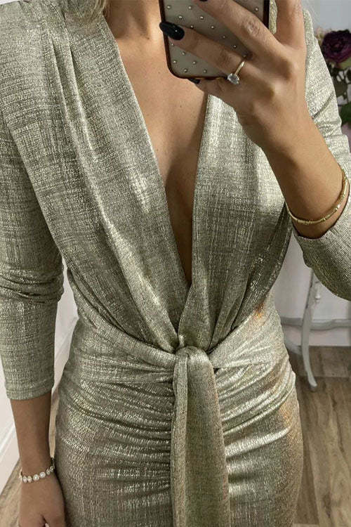 Shiny Lady Metallic Fabric Padded Long Sleeve Tie-up Ruched Midi Dress (Buy 2 Free Shipping)