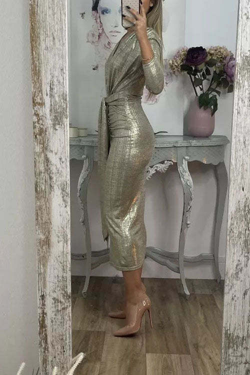 Shiny Lady Metallic Fabric Padded Long Sleeve Tie-up Ruched Midi Dress (Buy 2 Free Shipping)