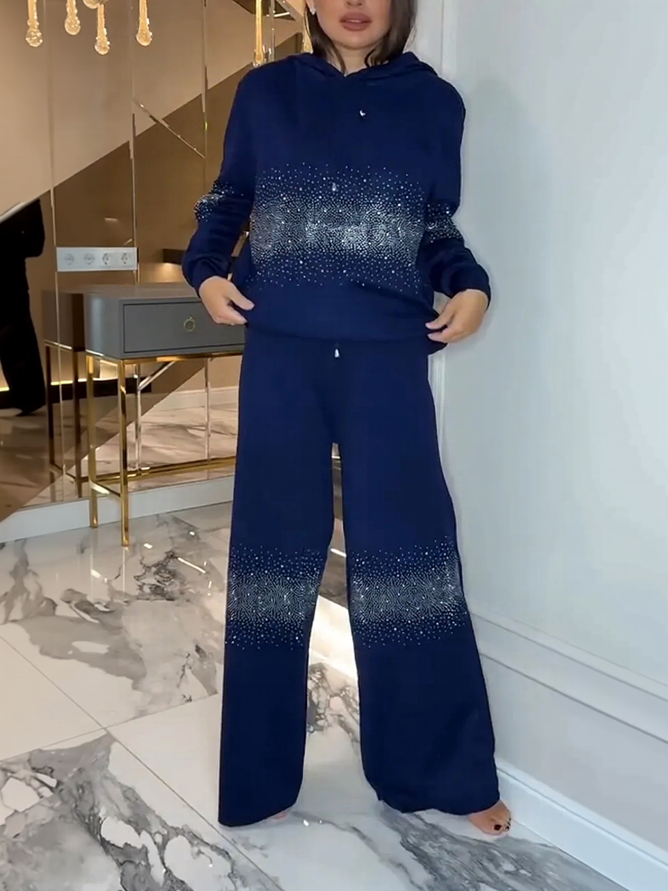 Elegant Gradient Sparkle Rhinestone Hoodie & Wide-Leg Pants Set (Buy 2 Free Shipping)