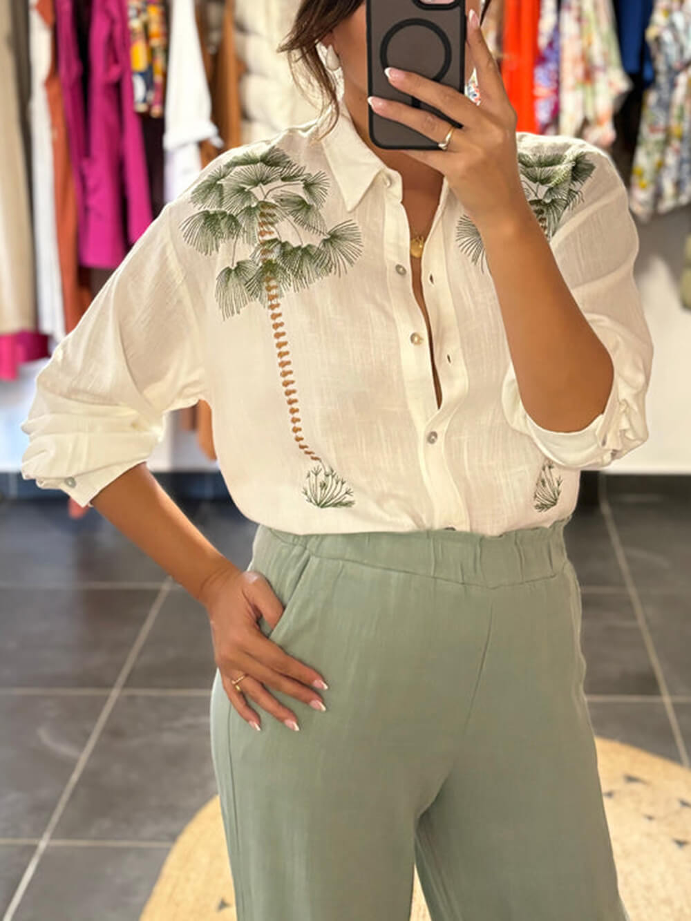 Tropical Calling Linen Blend Loose Blouse and Elastic Waist Pocket Pants Set