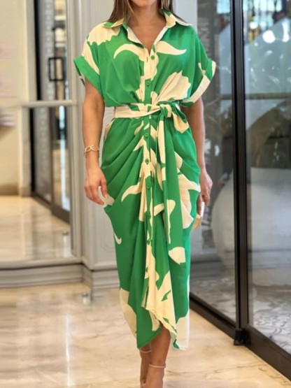 Printed Button-Down Maxi Dress with Waist Tie