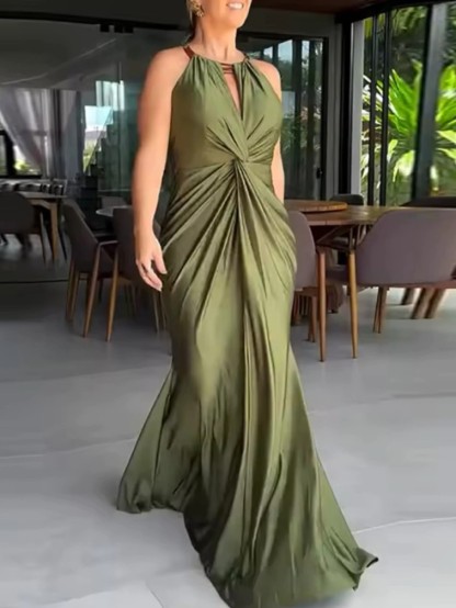 Satin Halter Gown with Ruched Waist and Open Back