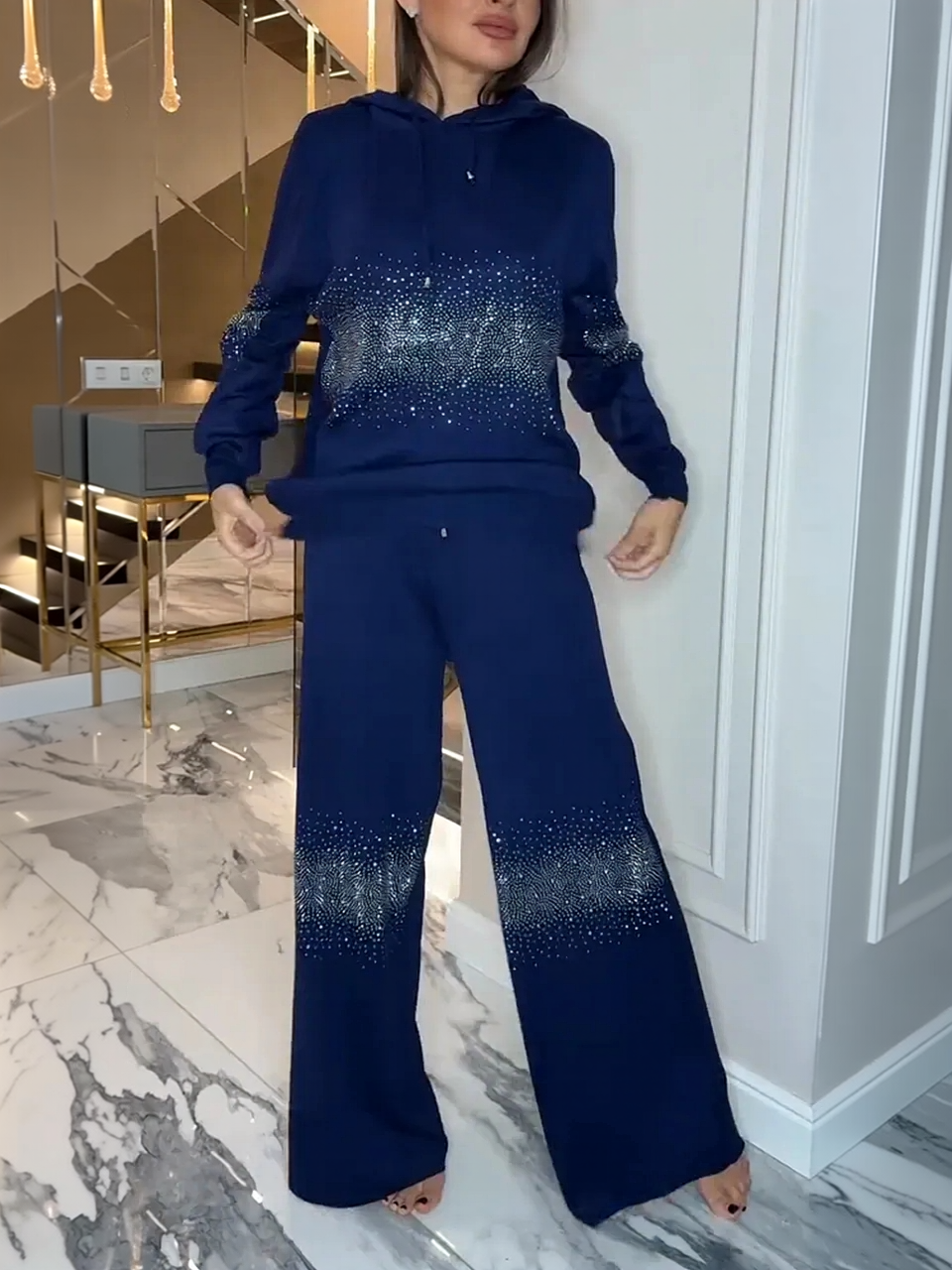 Elegant Gradient Sparkle Rhinestone Hoodie & Wide-Leg Pants Set (Buy 2 Free Shipping)