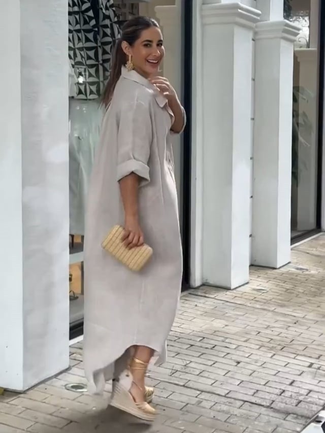 Elegant Linen-Blend Button-Down Maxi Dress with Rolled Sleeves