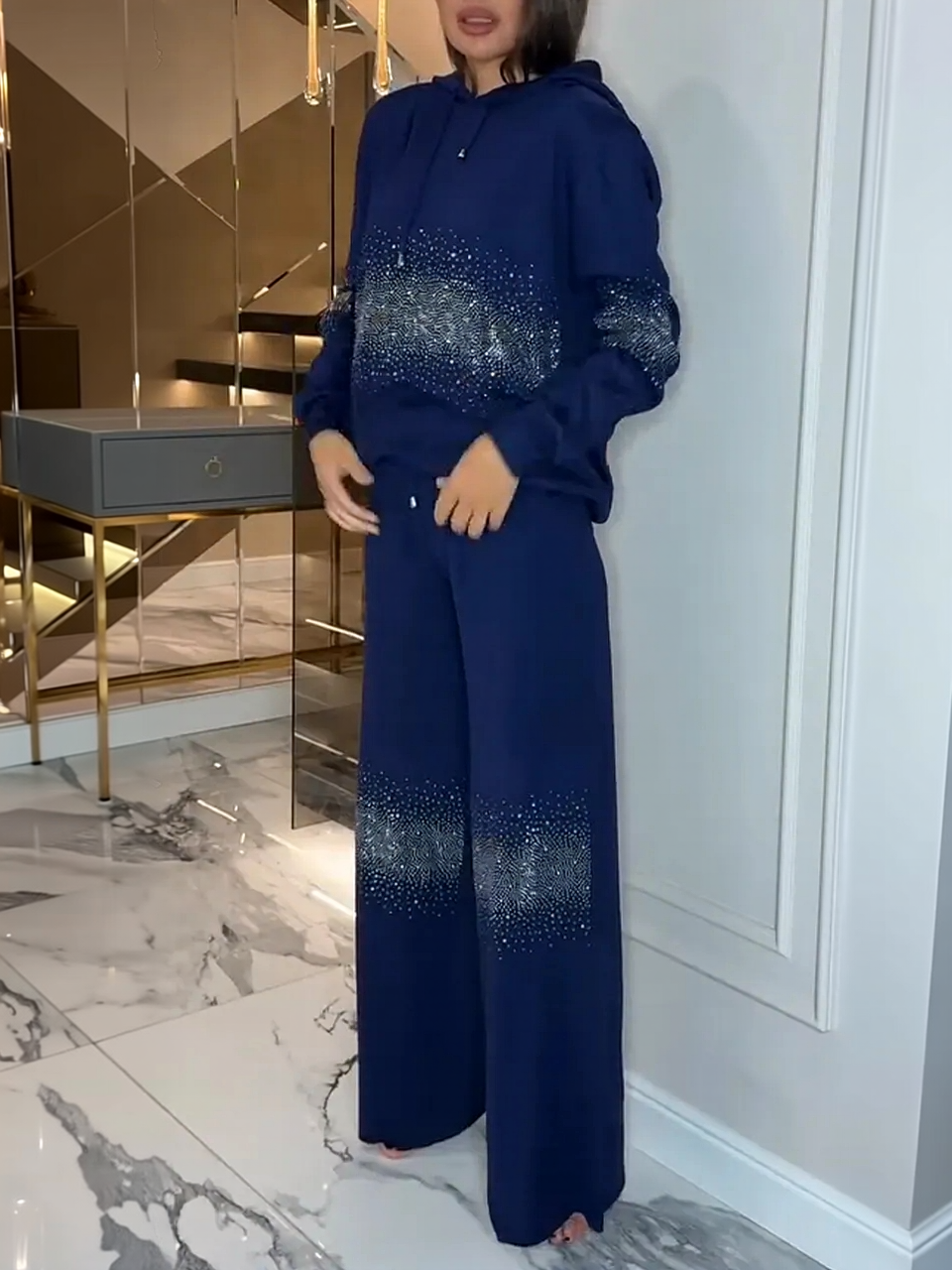 Elegant Gradient Sparkle Rhinestone Hoodie & Wide-Leg Pants Set (Buy 2 Free Shipping)