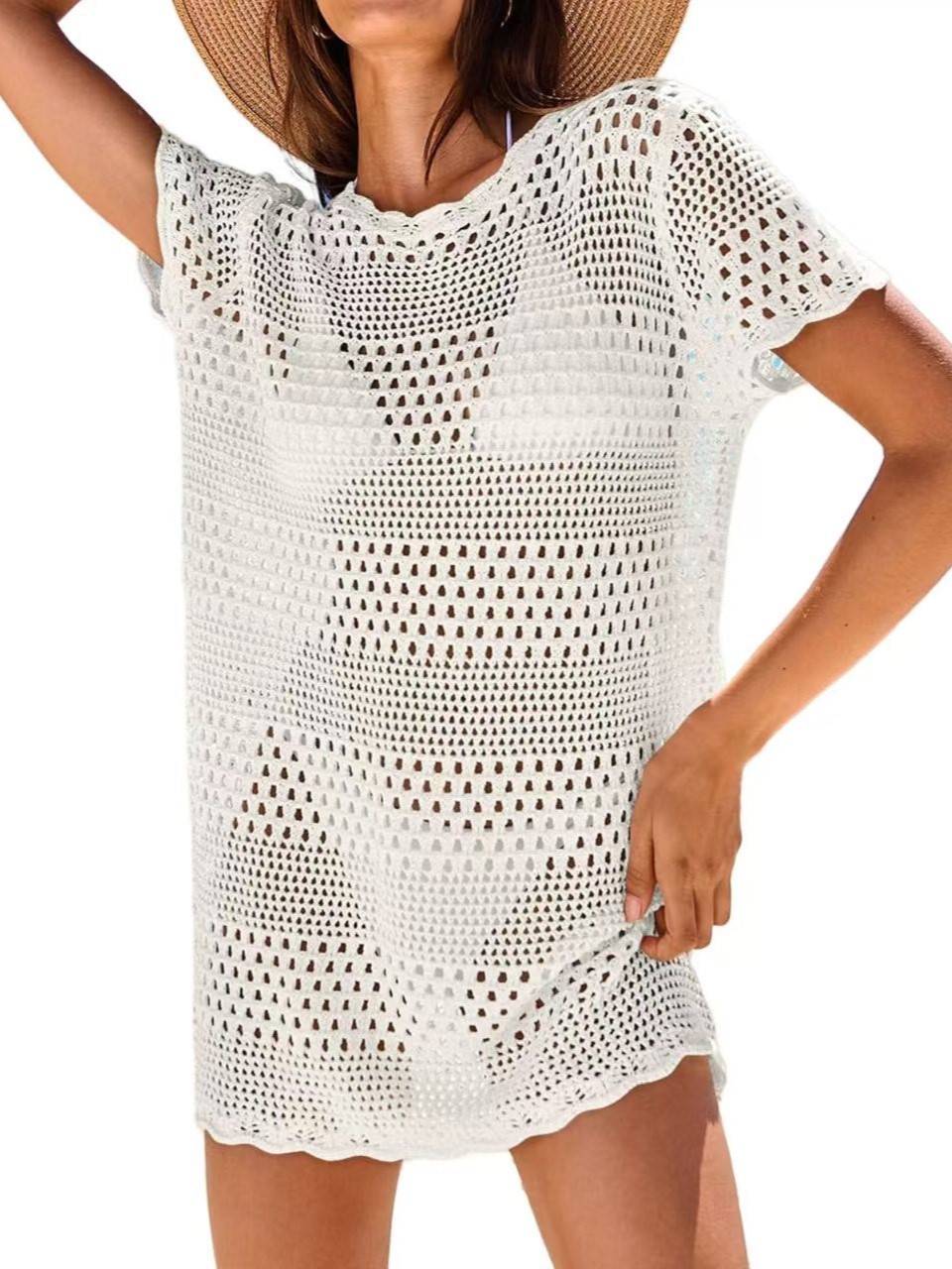 Breezy Crochet Open-Knit Short Sleeve Cover-Up Dress