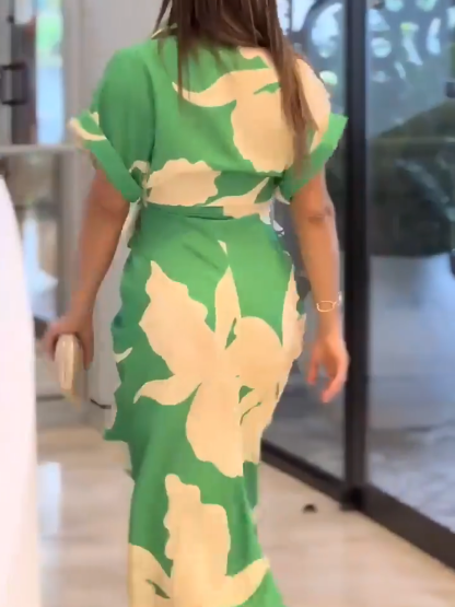 Printed Button-Down Maxi Dress with Waist Tie