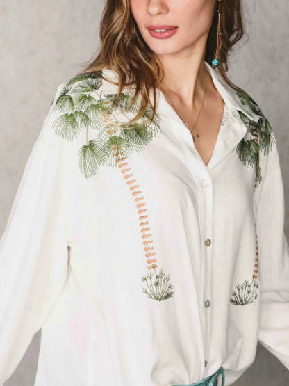 Tropical Calling Linen Blend Loose Blouse and Elastic Waist Pocket Pants Set