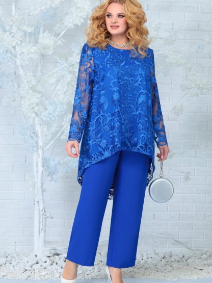 Elegant Lace Overlay Asymmetric Hem Top and Pants Set