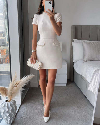 Tweed Fabric Pearl Trim Short Sleeve Pocketed Mini Dress