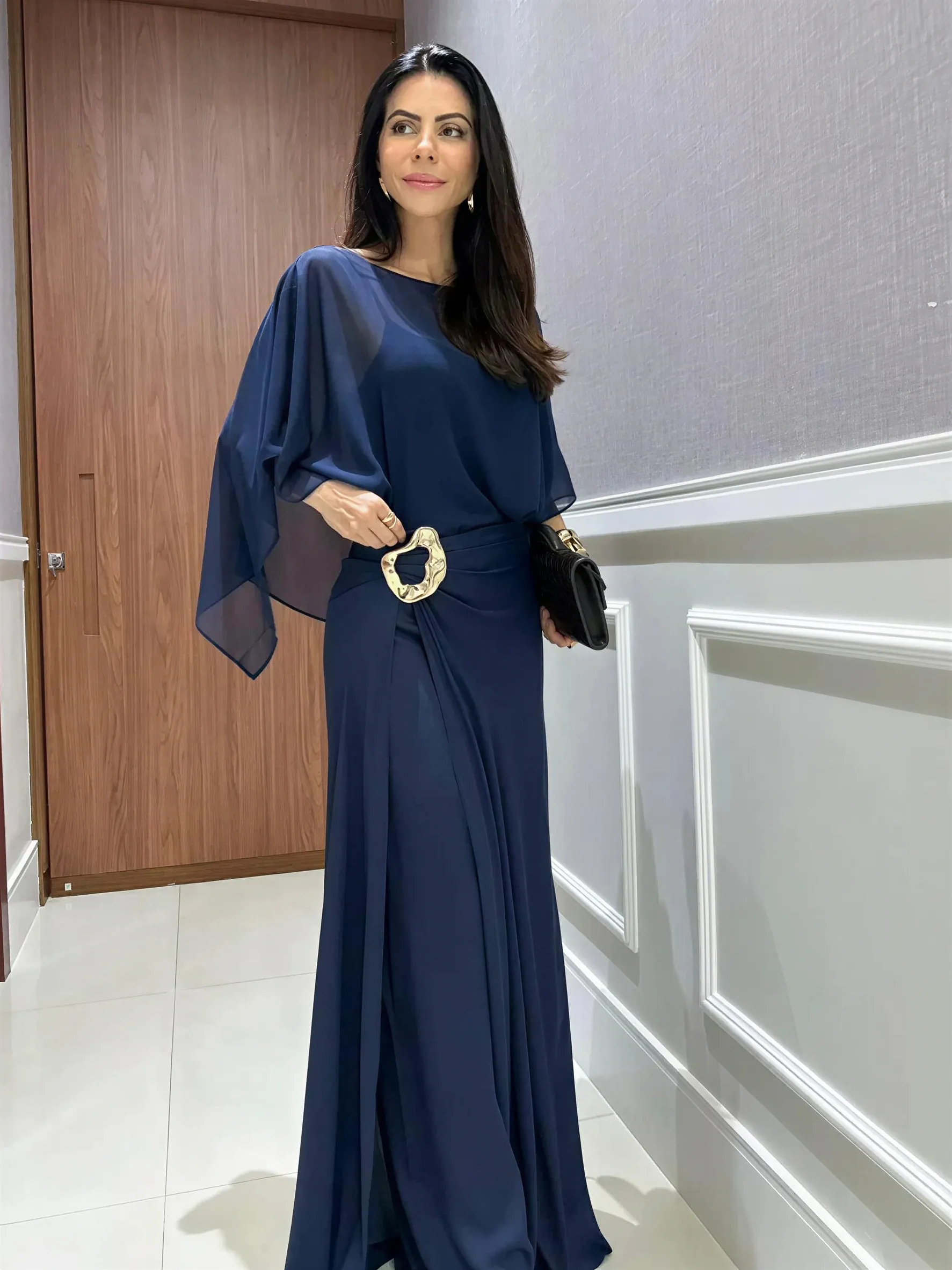 Elegant Cape Top and Draped Skirt-Pant Set