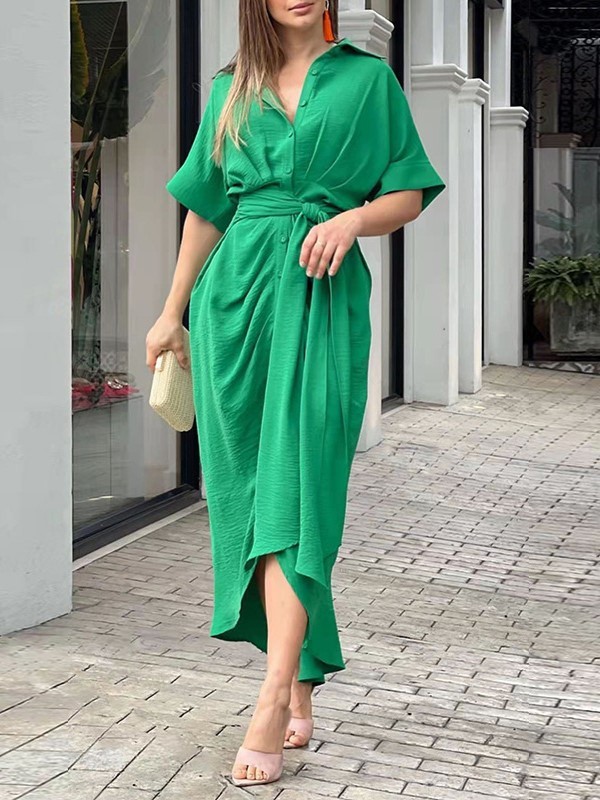 Printed Button-Down Maxi Dress with Waist Tie