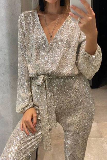 V-neck Long-sleeve Glitter Sequin Jumpsuit