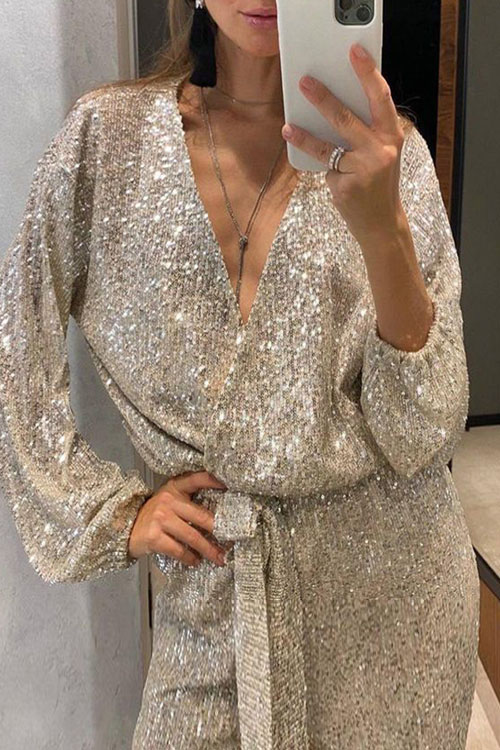 V-neck Long-sleeve Glitter Sequin Jumpsuit