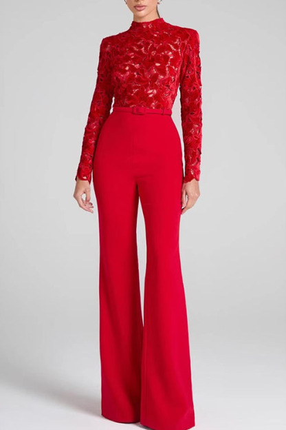 Embroidered Floral Lace Long Sleeve Patchwork Belt Flare Jumpsuit (Buy 2 Free Shipping)