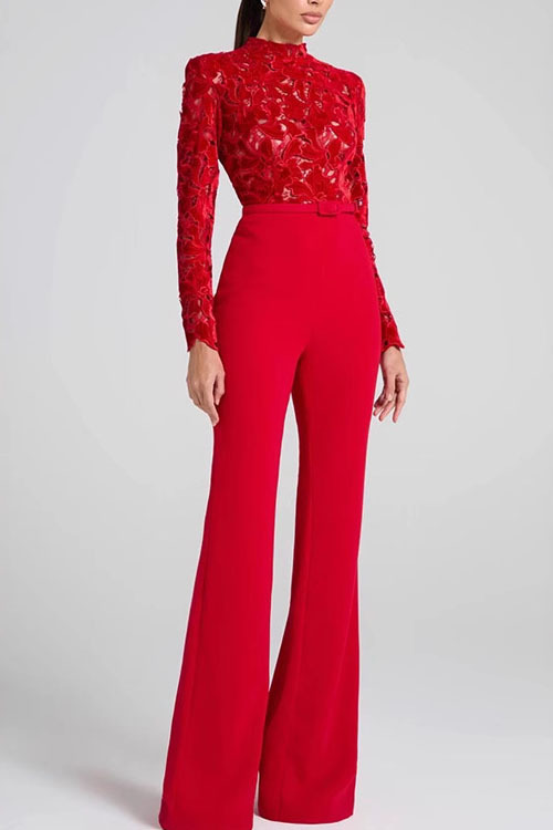 Embroidered Floral Lace Long Sleeve Patchwork Belt Flare Jumpsuit (Buy 2 Free Shipping)