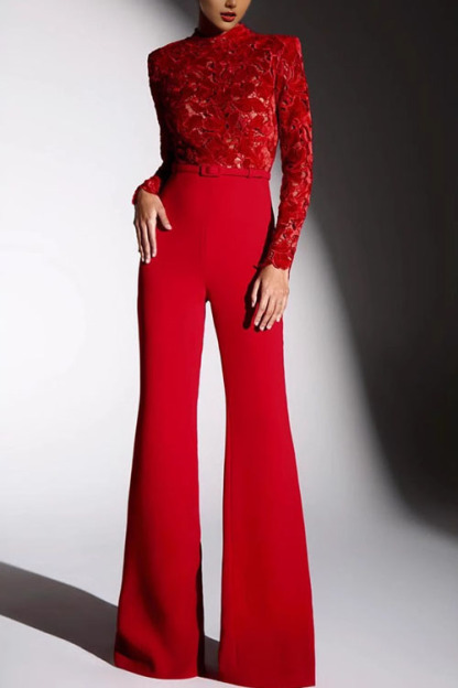 Embroidered Floral Lace Long Sleeve Patchwork Belt Flare Jumpsuit (Buy 2 Free Shipping)