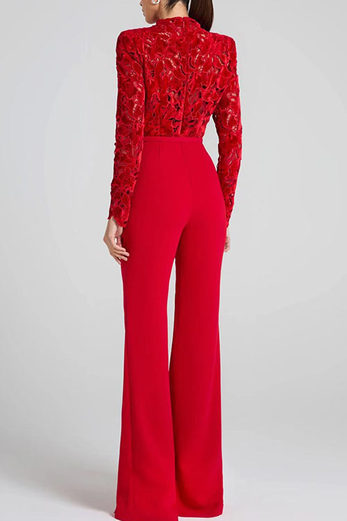 Embroidered Floral Lace Long Sleeve Patchwork Belt Flare Jumpsuit (Buy 2 Free Shipping)
