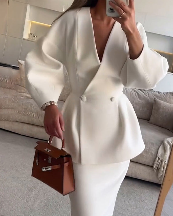 V Neck Puff Sleeve Blazer and Skirts Set