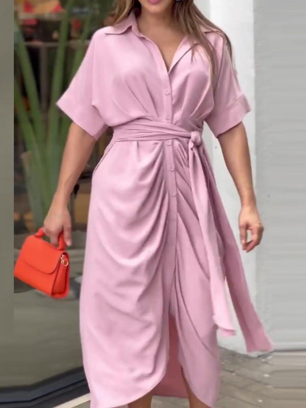 Printed Button-Down Maxi Dress with Waist Tie