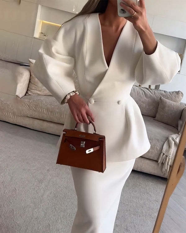 V Neck Puff Sleeve Blazer and Skirts Set