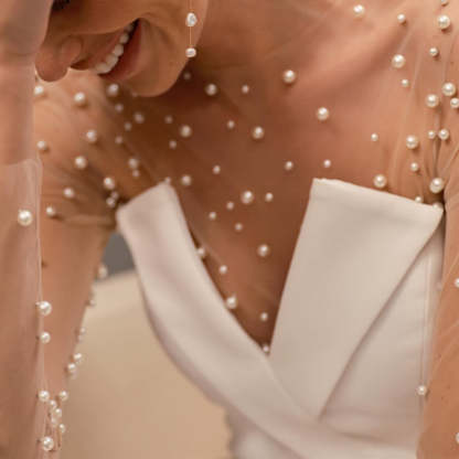 Sheer Mesh Pearl Bodysuit & V Neck Strapless Pocketed Wide Leg Jumpsuit