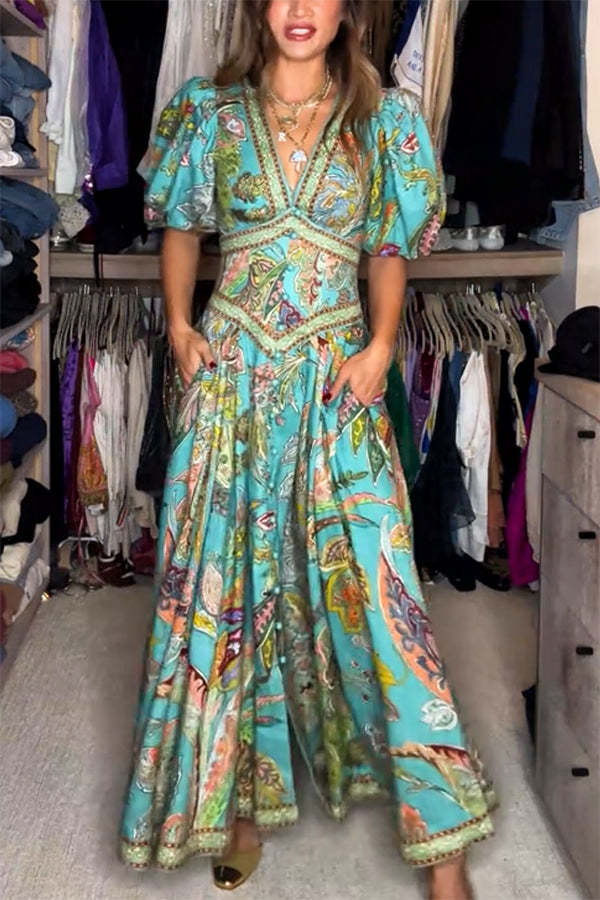Unique Print Button Puff Sleeve Pocket Maxi Dress (Buy 2 Free Shipping)