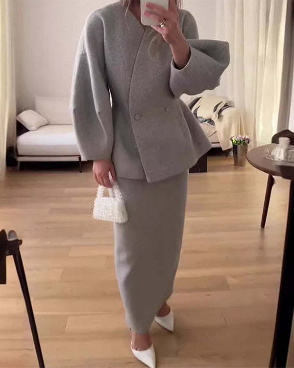 V Neck Puff Sleeve Blazer and Skirts Set