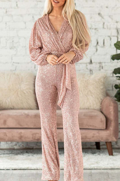Sequins V Neck Regular Jumpsuits (Buy 2 Free Shipping)
