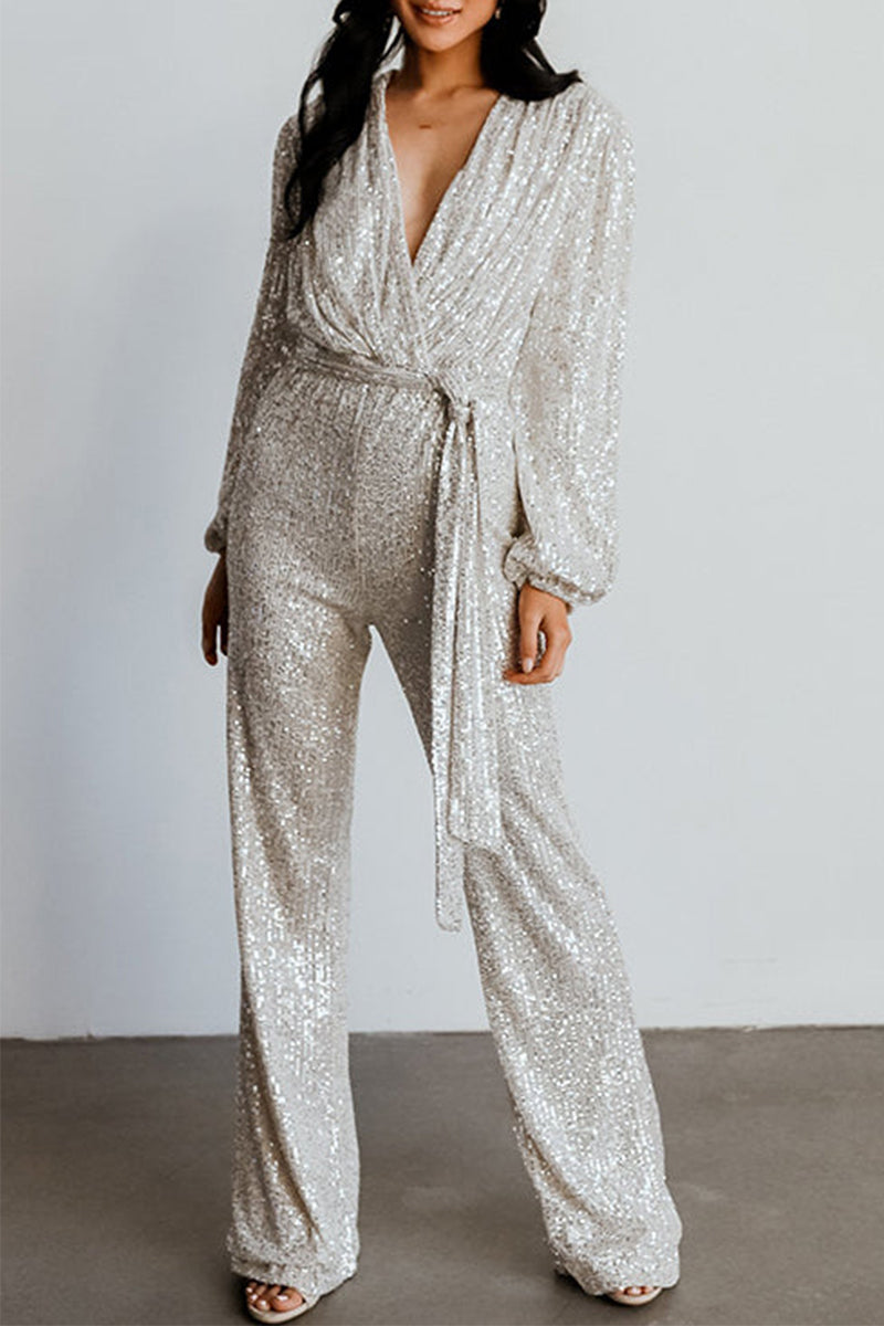 Sequins V Neck Regular Jumpsuits (Buy 2 Free Shipping)