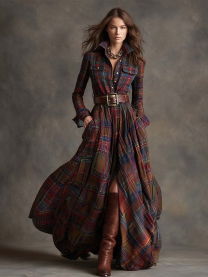 Retro Ethnic Style Lapel Reddish Brown Plaid Maxi Dress with Belts (Buy 2 Free Shipping)