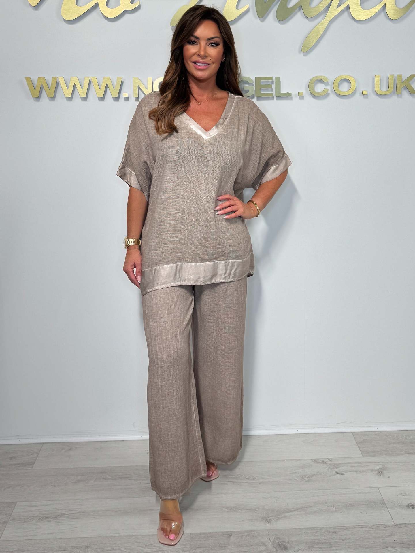 Satin Trim V-Neck Two Piece Set (Buy 2 Free Shipping)