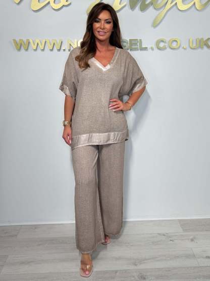 Satin Trim V-Neck Two Piece Set (Buy 2 Free Shipping)