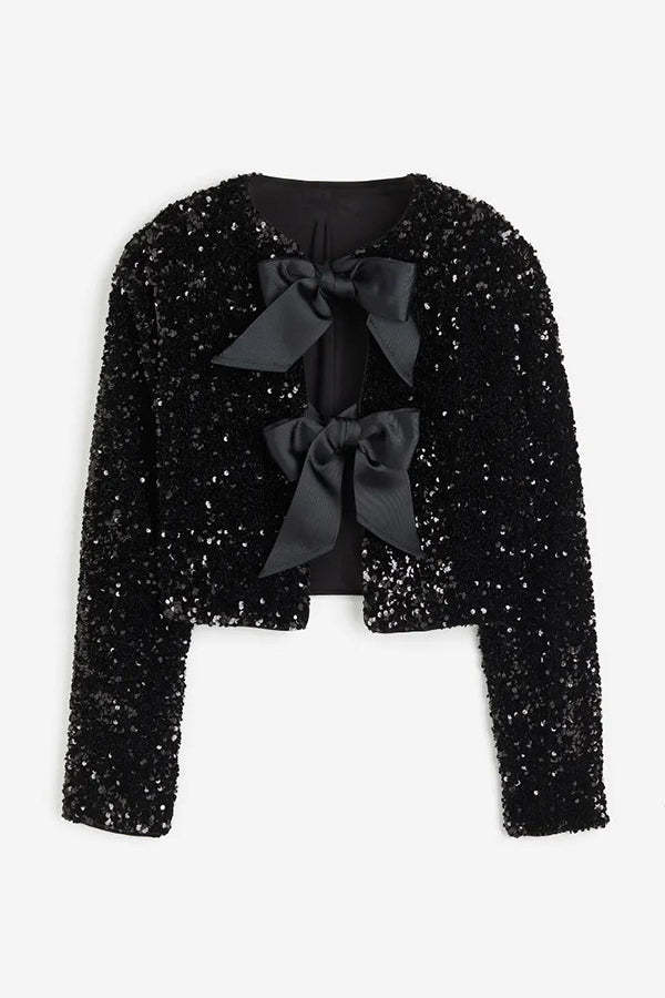 Two Ways To Celebrate Tie-front Bow Sequined Top (Buy 2 Free Shipping)