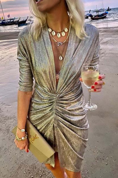 Spotlight City V-Neck Ruched Party Dress (Buy 2 Free Shipping)