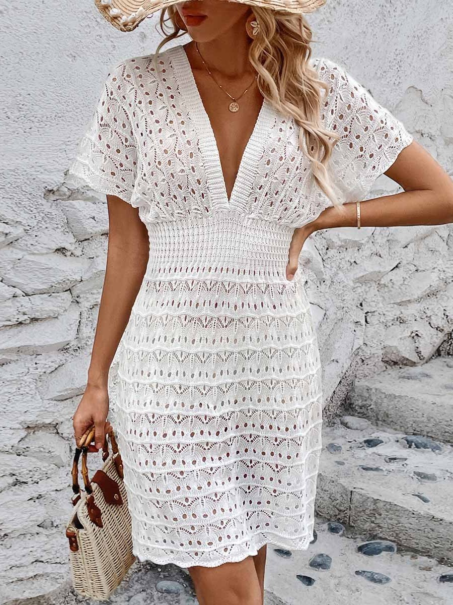 Boho Crochet Knit V-Neck Cinched Waist Mini Cover-Up Dress