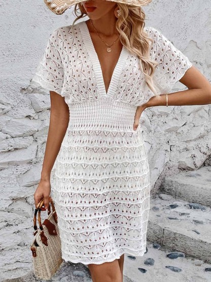 Boho Crochet Knit V-Neck Cinched Waist Mini Cover-Up Dress