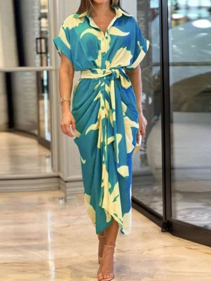 Printed Button-Down Maxi Dress with Waist Tie