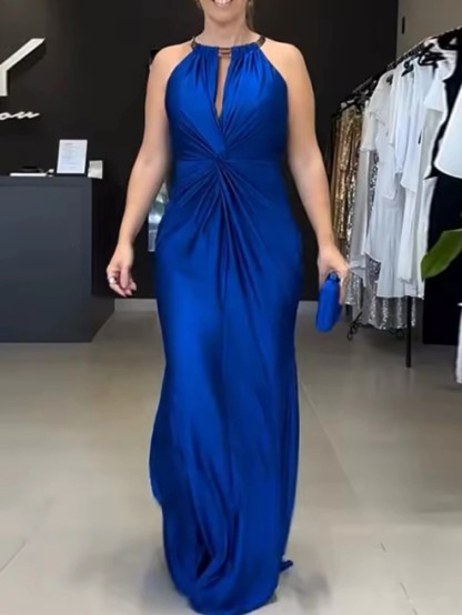 Satin Halter Gown with Ruched Waist and Open Back