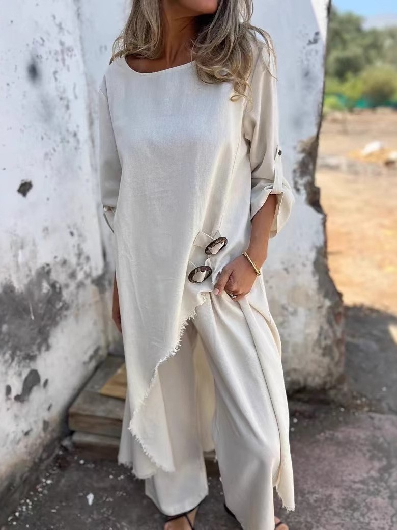 Relaxed Linen-Look Two-Piece Set with Side Drape Detail