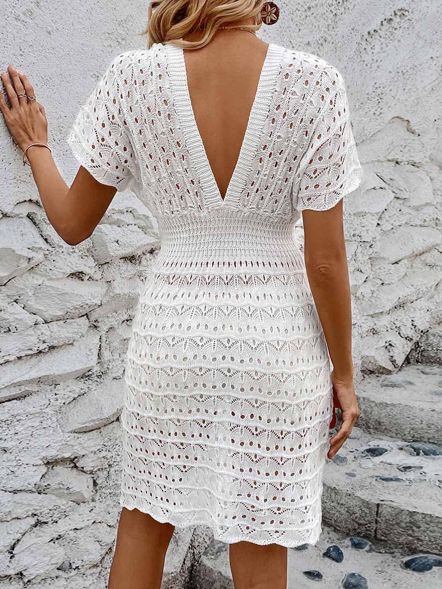 Boho Crochet Knit V-Neck Cinched Waist Mini Cover-Up Dress