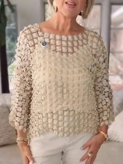 Elegant Floral Pearl Crochet Mesh Top