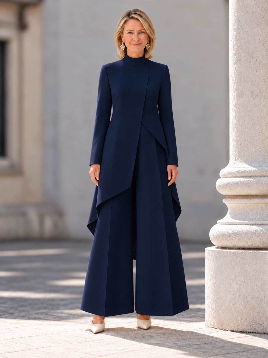 Elegant Long-Sleeve High-Neck Asymmetric Tunic Wide-Leg Two-Piece Set