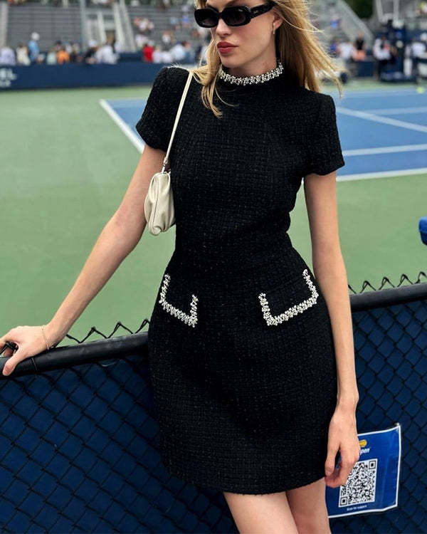 Tweed Fabric Pearl Trim Short Sleeve Pocketed Mini Dress