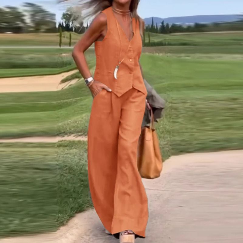 Last Day 49% OFF🔥Button Down Vest and Wide Leg Pants 2 Piece Set (Buy 2 Free Shipping)