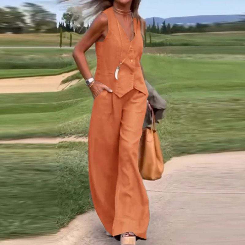 Last Day 49% OFF🔥Button Down Vest and Wide Leg Pants 2 Piece Set (Buy 2 Free Shipping)