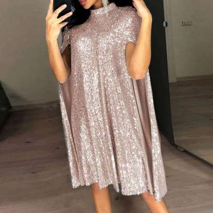 Elegant Sequin Cape Sleeve High Neck Dress (Buy 2 Free Shipping)
